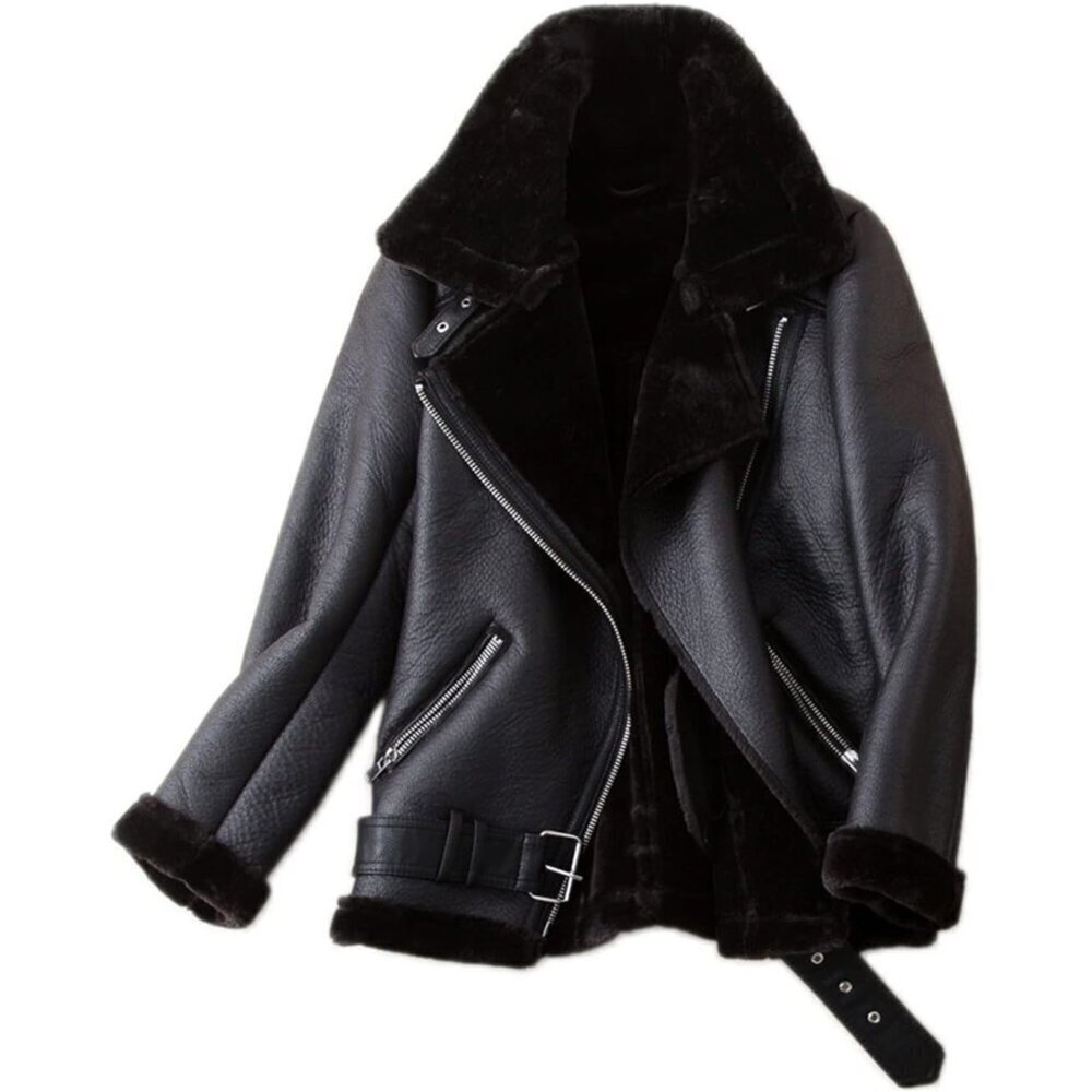 🆕Women Black Faux Shearling Moto Jacket Thick Lined Winter Leather Coat Parka - Picture 1 of 7